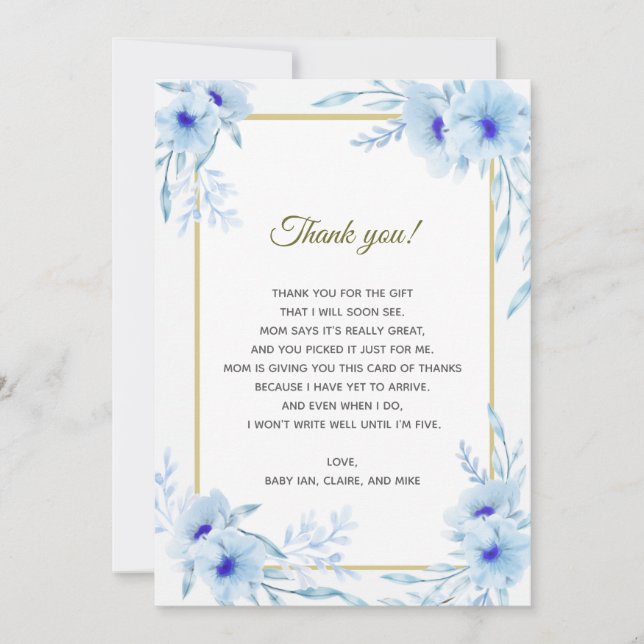 Floral Blue Gold Baby Shower Thank You Card (Front)