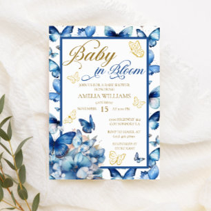 Floral Blue Gold Butterfly Baby in Bloom Shower Invitation