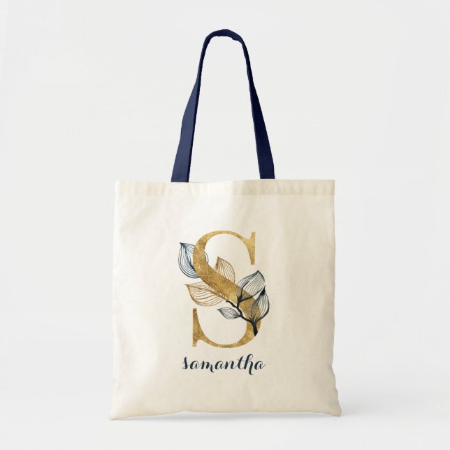Floral Blue Gold Leaf Monogram Letter "S" Tote Bag (Front)