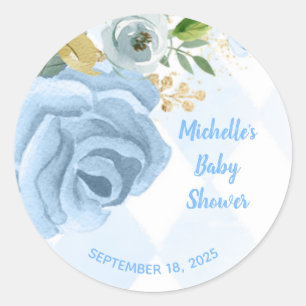 Floral Blue Gold Watercolor Gender Neutral Classic Round Sticker