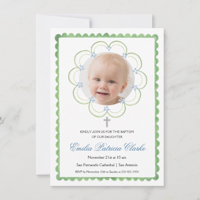 Floral Blue Green Cross Simple Baptism Invitation (Front)