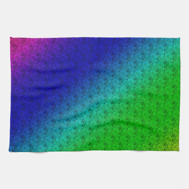 Floral Blue Green Rainbow Gradient Diagonal Blend Tea Towel (Horizontal)
