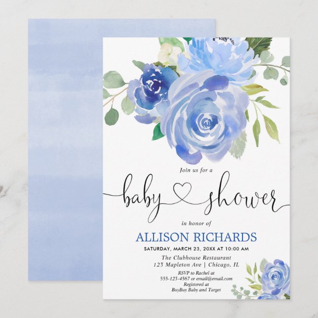 Floral blue greenery elegant boy baby shower invitation (Front/Back)