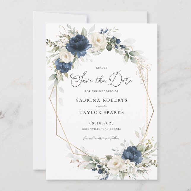 Floral Blue Greenery Gold Wedding Save The Date Invitation (Front)