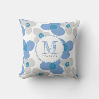Floral Blue Grey Baby Adorable Simple Monogram Cushion