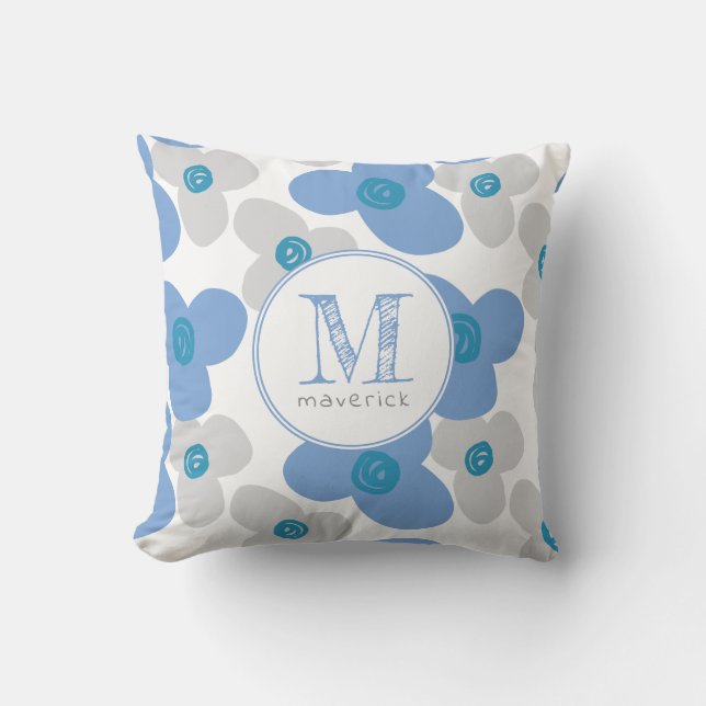 Floral Blue Grey Baby Adorable Simple Monogram Cushion (Front)