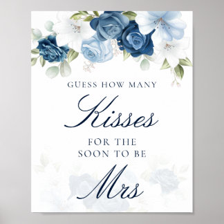 Floral Blue How Many Kisses Bridal Shower Game Poster