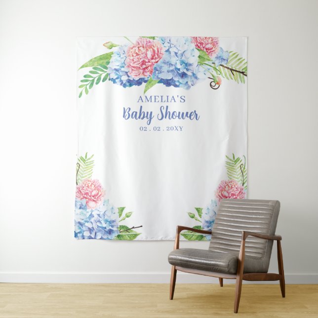 Floral Blue Hydrangea Baby Shower Backdrop Tapestry (In Situ)