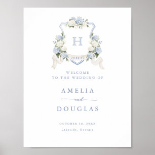 Floral Blue Hydrangea Crest Monogram Welcome Sign