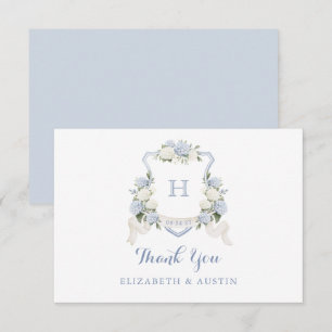 Floral Blue Hydrangea Crest Wedding Monogram Thank You Card