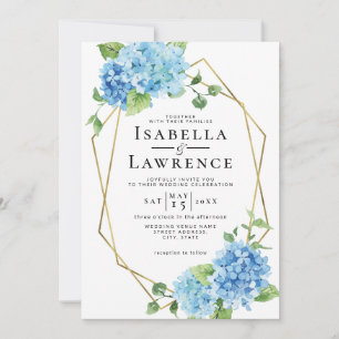 Floral Blue Hydrangea Gold Frame Wedding Invitation