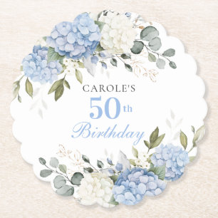 Floral Blue Hydrangea Greenery 50th Birthday Party Paper Coaster