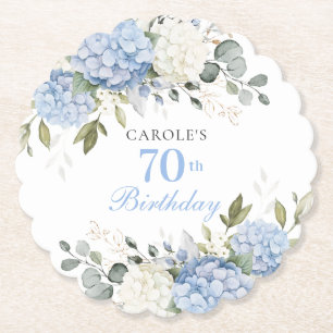 Floral Blue Hydrangea Greenery 70th Birthday Party Paper Coaster