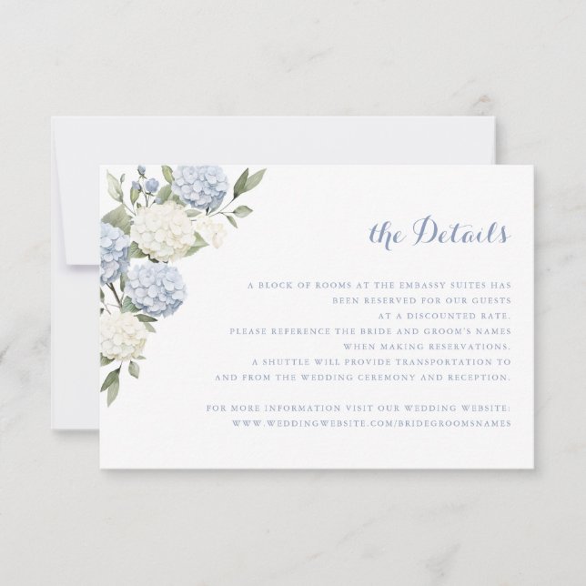 Floral Blue Hydrangea Greenery Wedding Details Invitation (Front)