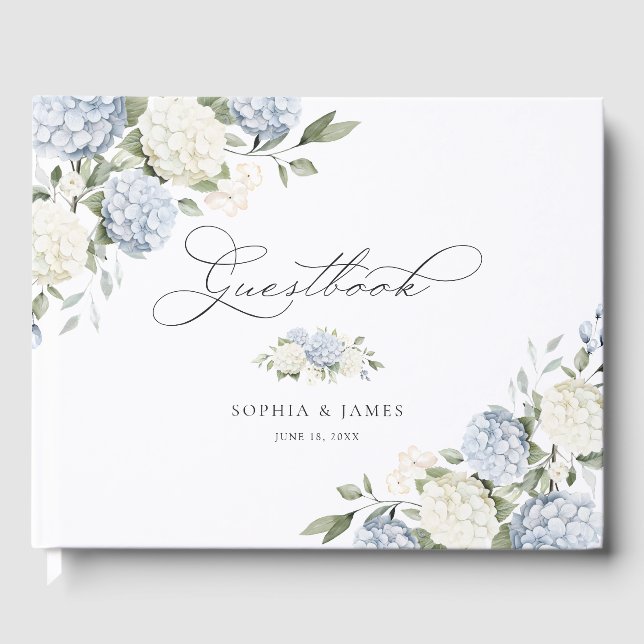 Floral Blue Hydrangea Greenery Wedding Guest Book (Front)