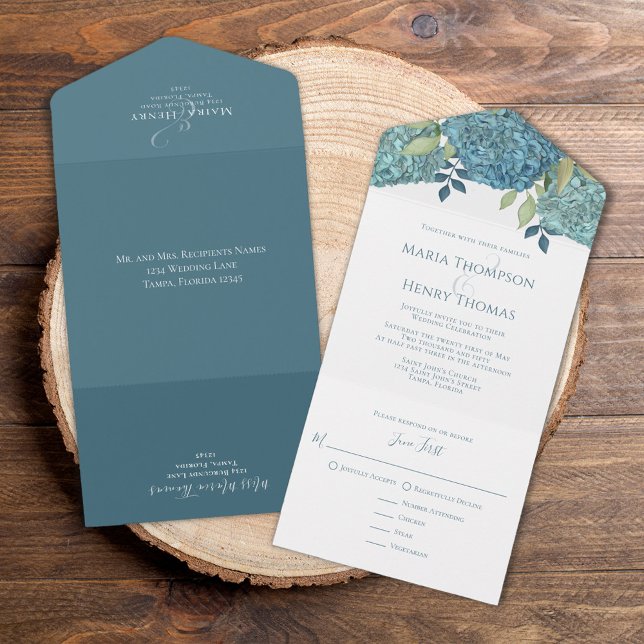 Floral Blue Hydrangea Guest Recipients Names All In One Invitation (Classic Blue Hydrangea meal choice tri fold invitation)