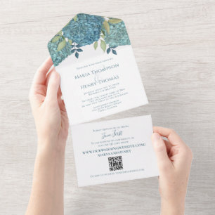 Floral Blue Hydrangea QR Code Guest Addressed All In One Invitation