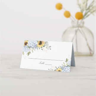 Floral Blue Hydrangea Sunflower Wedding Place Card