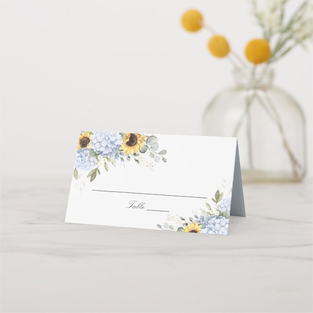 Floral Blue Hydrangea Sunflower Wedding Place Card (Front)