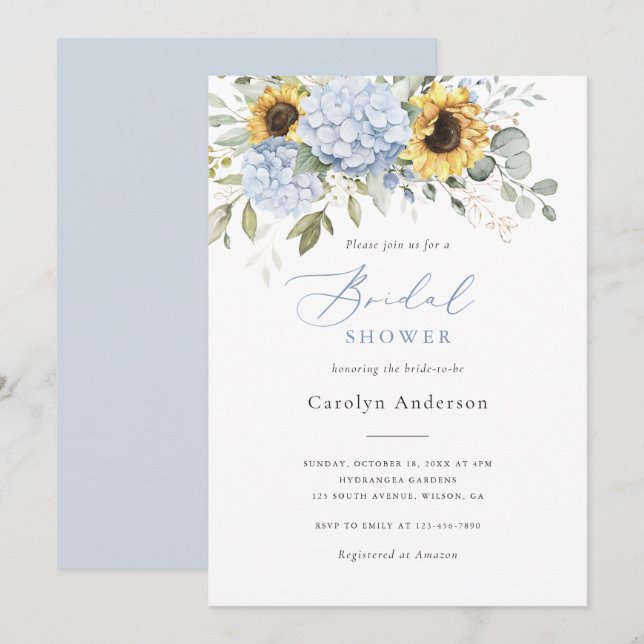 Floral Blue Hydrangea Sunflowers Bridal Shower Invitation (Front/Back)