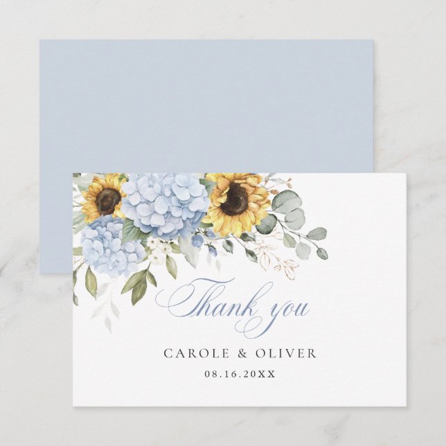 Floral Blue Hydrangea Sunflowers Wedding Thank You (Front/Back)