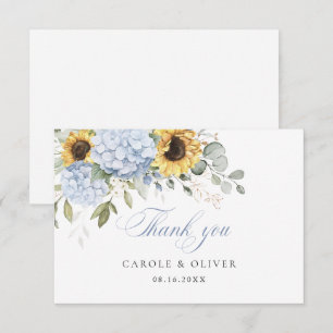 Floral Blue Hydrangea Sunflowers Wedding Thank You Card