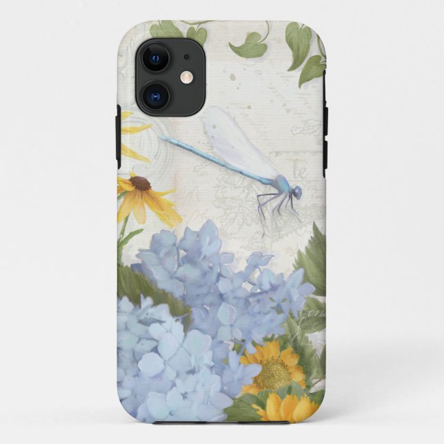 Floral Blue Hydrangea Yellow Sunflower Dragonfly Case-Mate iPhone Case (Back)