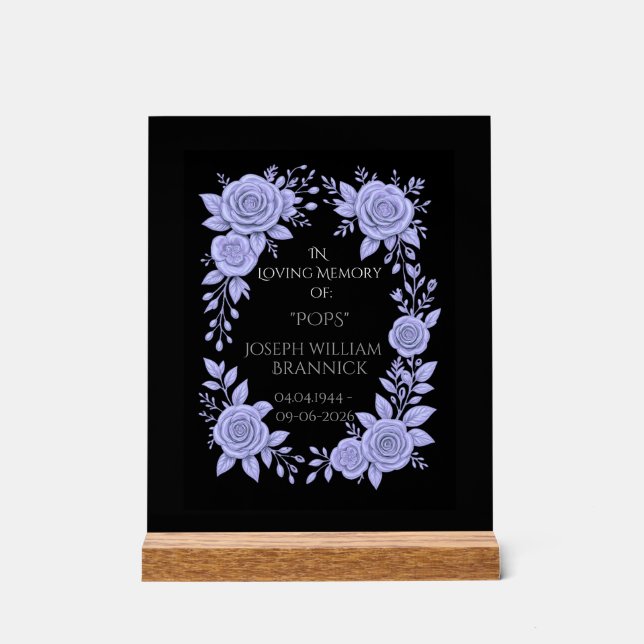 FLORAL BLUE. IN LOVING MEMORY KEEPSAKE, ACRYLIC SIGN (Front)