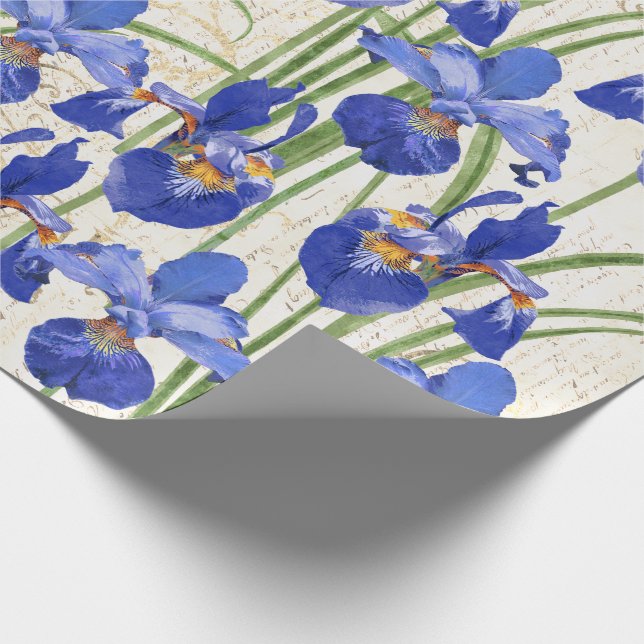Floral Blue Iris Gold Damask Elegant Wedding Wrapping Paper (Corner)