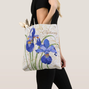 Floral Blue Iris Gold Damask Monogram Name Tote Bag