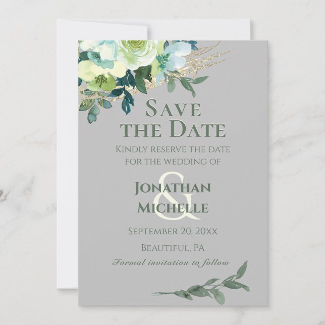 Floral Blue Ivory Grey Turquoise Rustic Wedding Save The Date (Front)