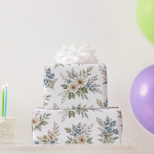 Floral Blue Ivory Meadow Pattern Wrapping Paper