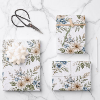 Floral Blue Ivory Meadow Pattern Wrapping Paper Sheet