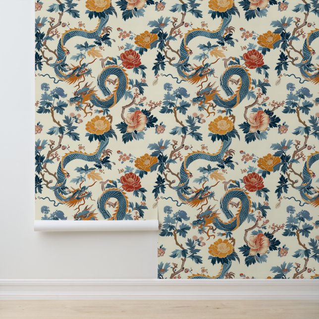 Floral Blue Japanese Dragon Elegant Wallpaper (Application)