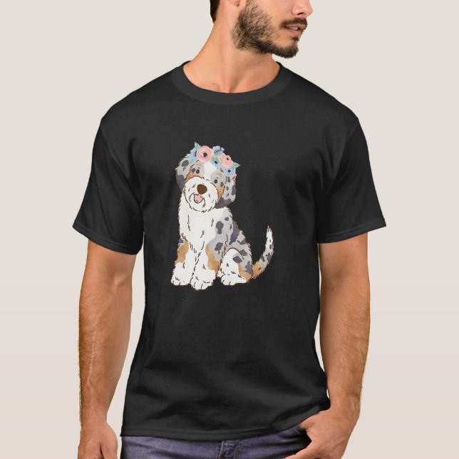 Floral Blue Merle Aussiedoodle  Aussie Doodle Mom T-Shirt (Front)