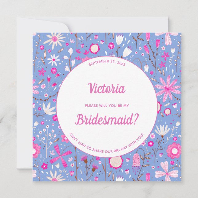 Floral Blue Modern Be My Bridesmaid Invitation (Front)