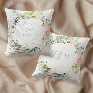 Floral Blue Monogram Baby Birth Stats Nursery Cushion