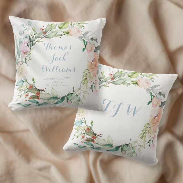 Floral Blue Monogram Baby Birth Stats Nursery Cushion (Creator Uploaded)