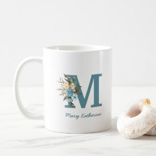 Floral Blue Monogram Personalised Coffee Mug