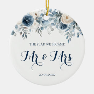 Floral Blue Mr and Mrs First Christmas Married Ceramic Tree Decoration