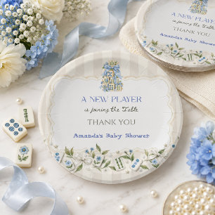 Floral Blue New Player Mahjong Baby Boy Shower Paper Plate