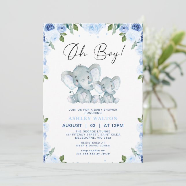 Floral Blue Oh Boy Elephant Baby Shower  Invitation (Standing Front)