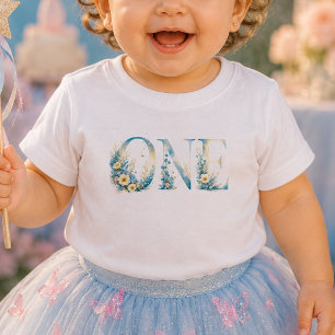 Floral Blue One First Birthday Baby T-Shirt