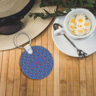 Floral blue pattern wildflowers name Keychain