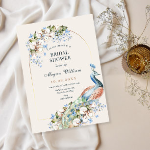Floral blue peacock bird bridal shower invitation