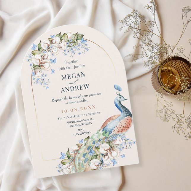 Floral blue peacock bird wedding invitation (Creator Uploaded)
