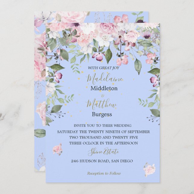  Floral Blue Periwinkle Gold Pink Wedding  Invitation (Front/Back)