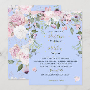  Floral Blue Periwinkle Gold Pink Wedding  Invitation