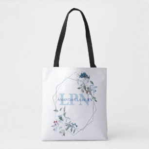 Floral Blue Personalised LPN Monogram Tote Bag