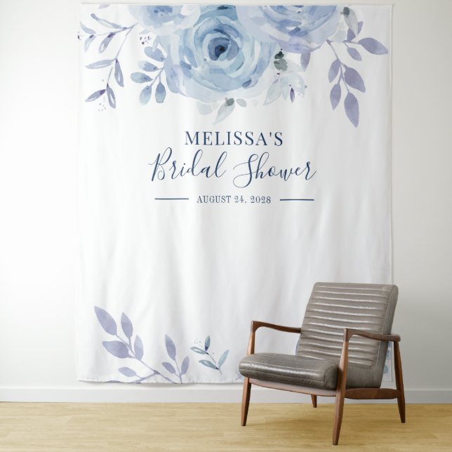 Floral Blue Photo Booth Backdrop Bridal Shower Tapestry (In Situ)